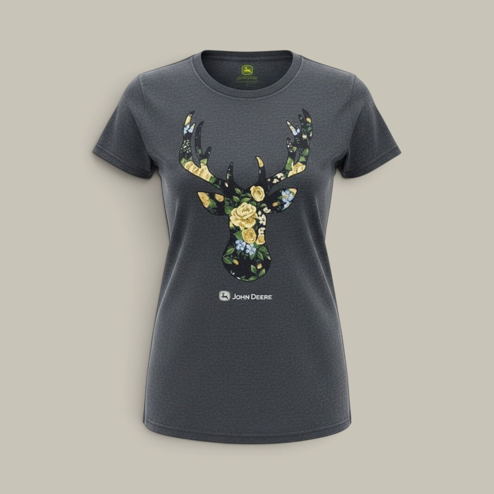 John Deere SS Graphic Tee Small Gray Farm Girl Countrycore Floral Buck Deer Head